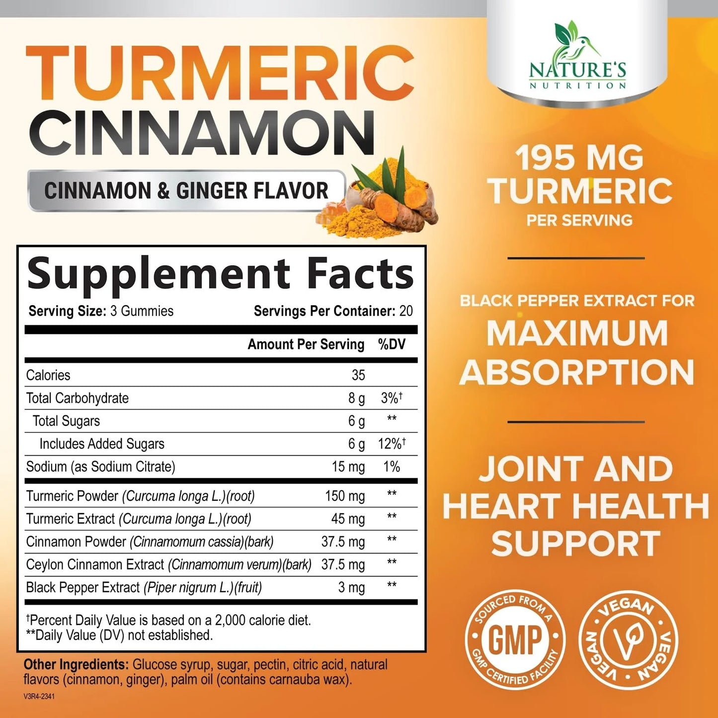Turmeric Curcumin Supplement Gummies with Ginger & Cinnamon, 95% Curcuminoids Turmeric Curcumin Gummy with Black Pepper for Best Absorption, Nature'S Vegan Joint Support Tumeric, Non-Gmo, 60 Gummies