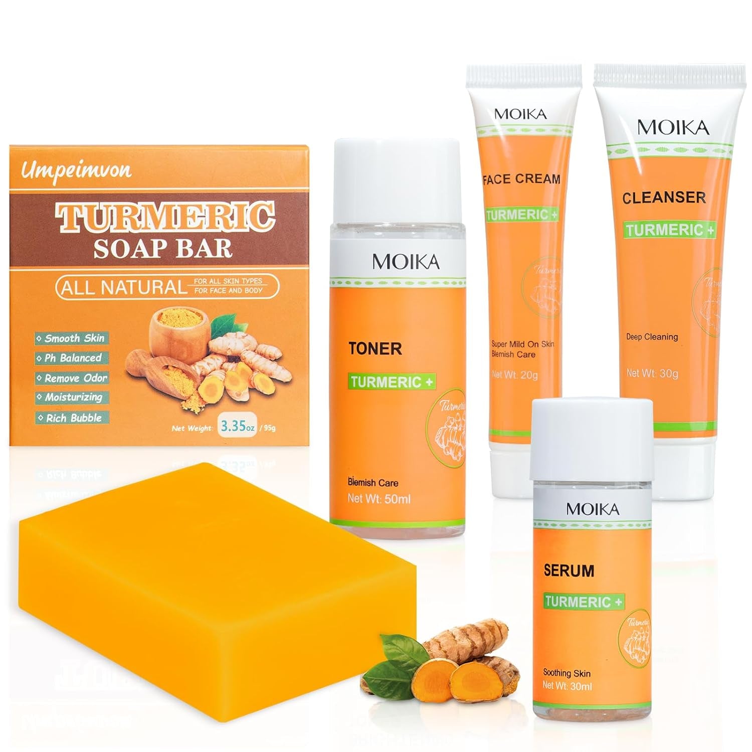 5 Pack Turmeric Soap Bar Turmeric Skincare, Exfoliating Tumeric Soap Nourishing Turmeric Facial Cleanser Turmeric Face Cream Toner Serum, Travel Size