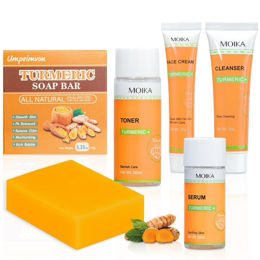 5 Pack Turmeric Soap Bar Turmeric Skincare, Exfoliating Tumeric Soap Nourishing Turmeric Facial Cleanser Turmeric Face Cream Toner Serum, Travel Size